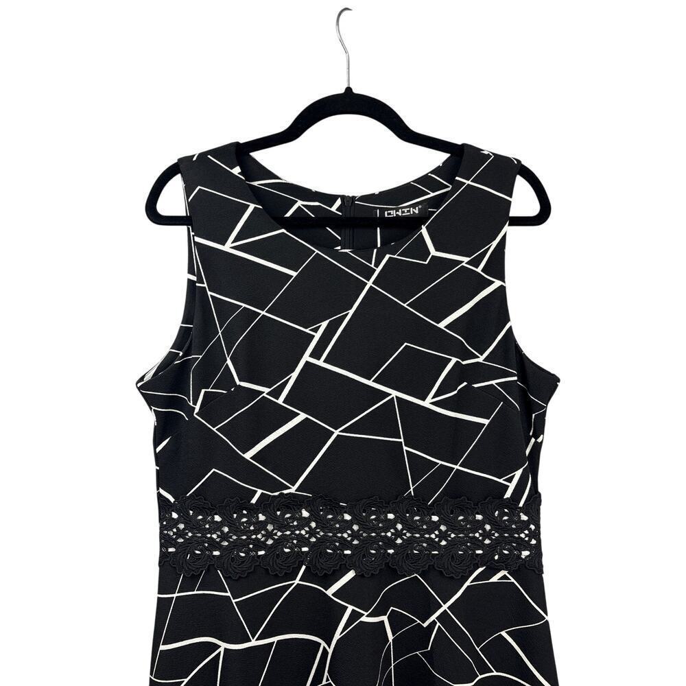 OWIN Women’s Black Tank Dress Size XL – White Geometric Print & Lace Detail